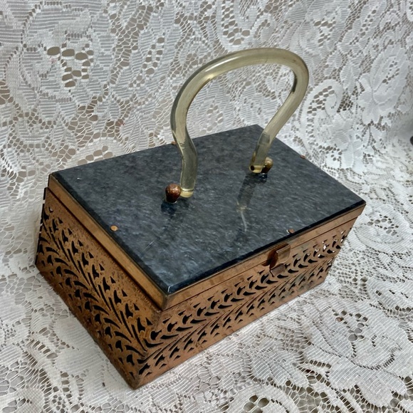 Vintage, Pierced Copper Tone Metal and Gray Lucite Boxy Purse- 8in x4.5 x 3.5in - Picture 3 of 12